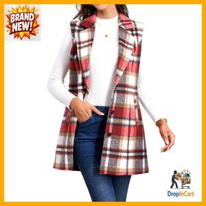 Wool Plaid Long Vest Sleeveless Blazer Jacket Classic Lapel Outerwear Chic